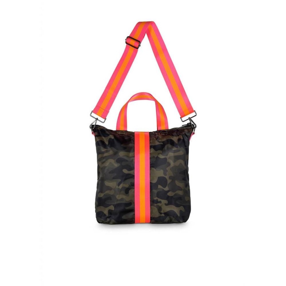 NWT HAUTE SHORE women's logan showoff bag in green camo/pink/orange stripes - Picture 8 of 10